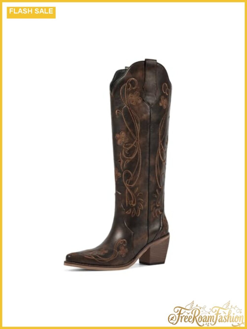 Faux Leather Knee-High Cowboy Boots Pointed Toe Block Heel Floral Embroidery
